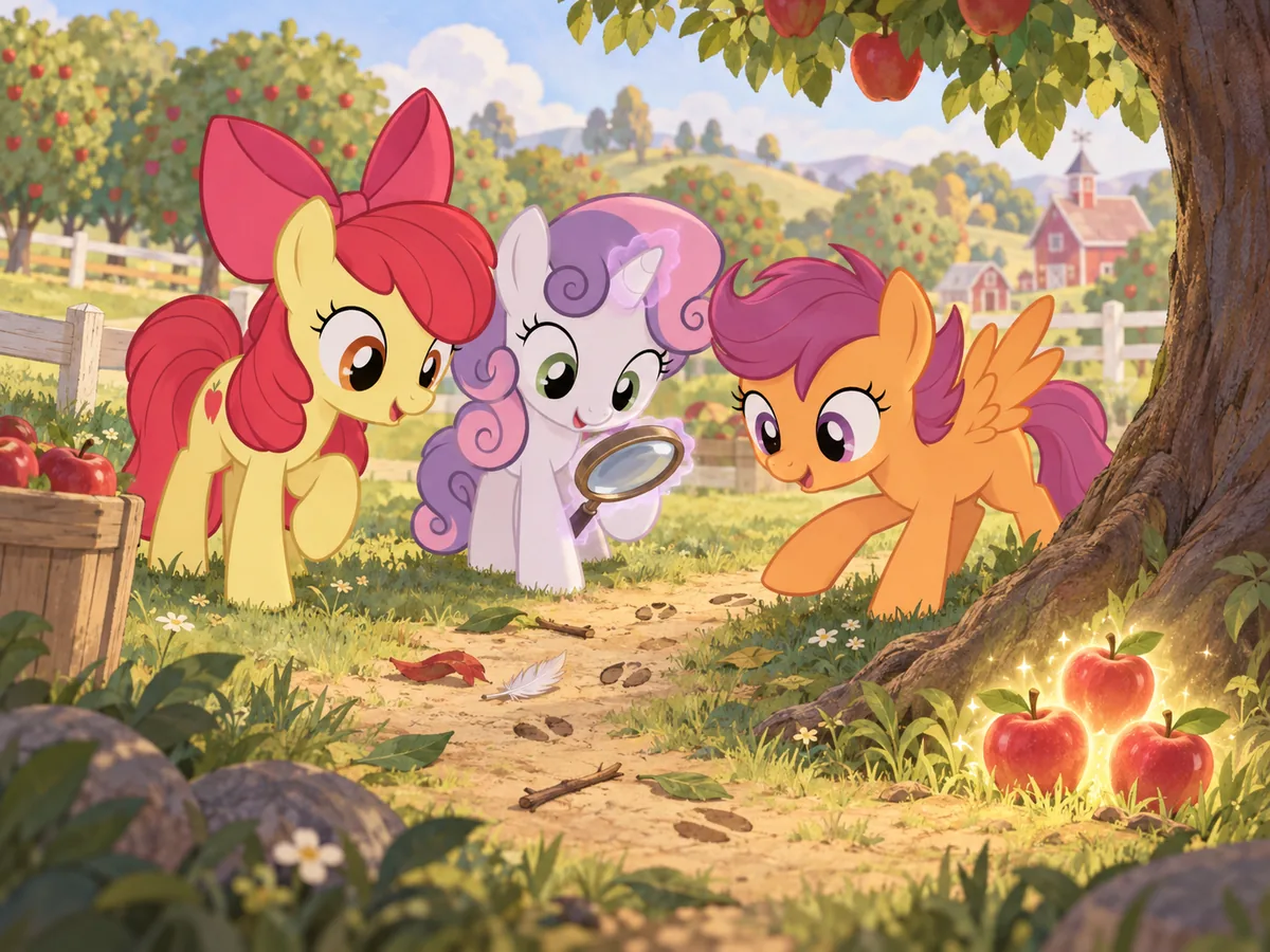 Fan-made editorial illustration of the Cutie Mark Crusaders exploring an apple orchard together