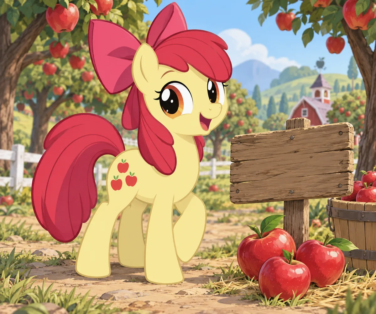 Fan-made editorial illustration of Apple Bloom in an apple orchard with her three red apple cutie mark