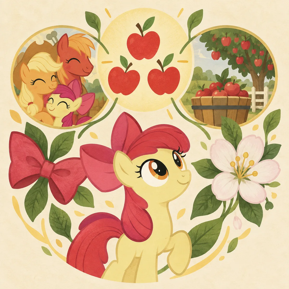 Editorial symbol study of three red apples, apple blossom, and a red bow representing Apple Bloom's cutie mark themes