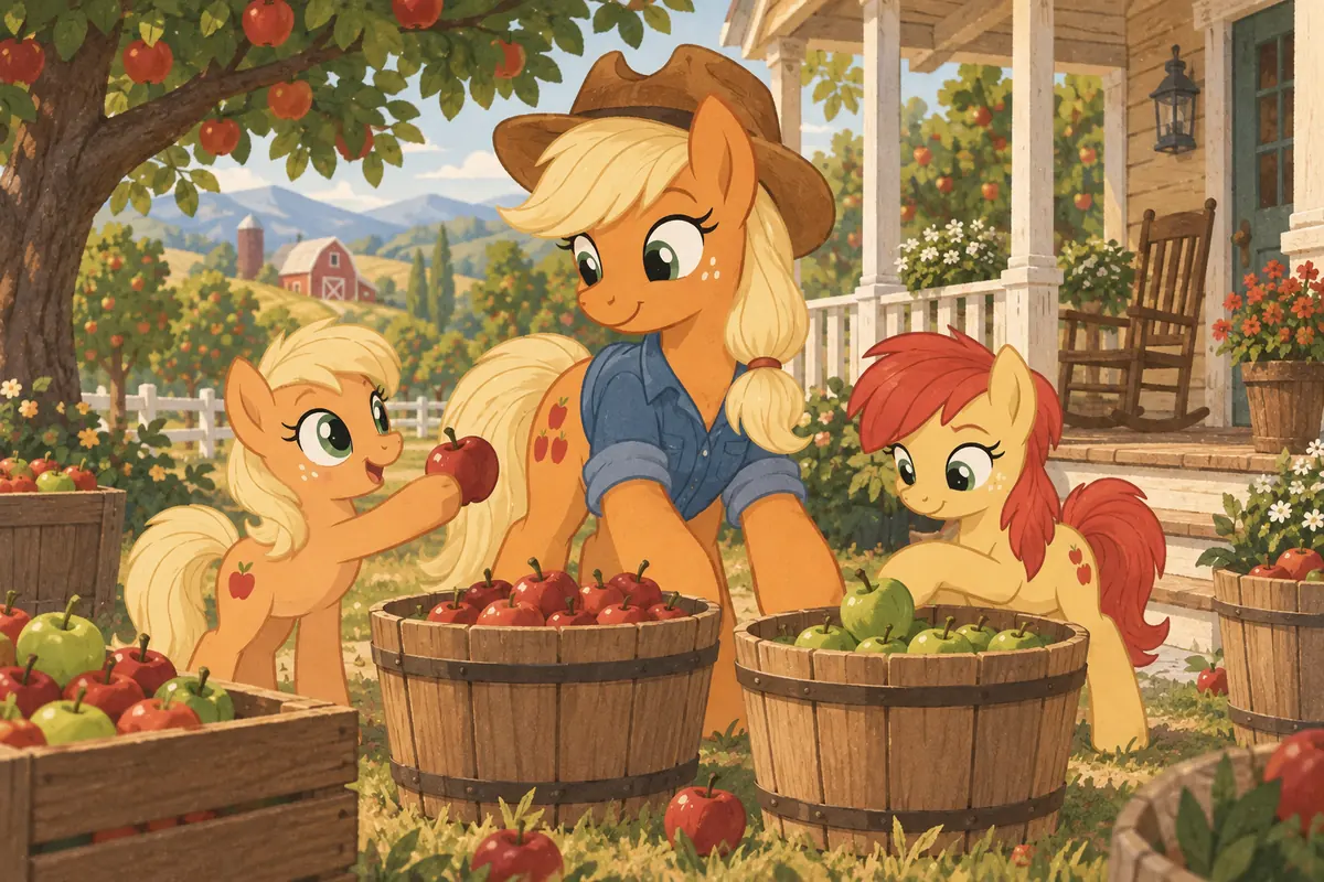 Original fan-editorial illustration of Applejack helping younger Apple Family foals sort apples into baskets beside a farmhouse