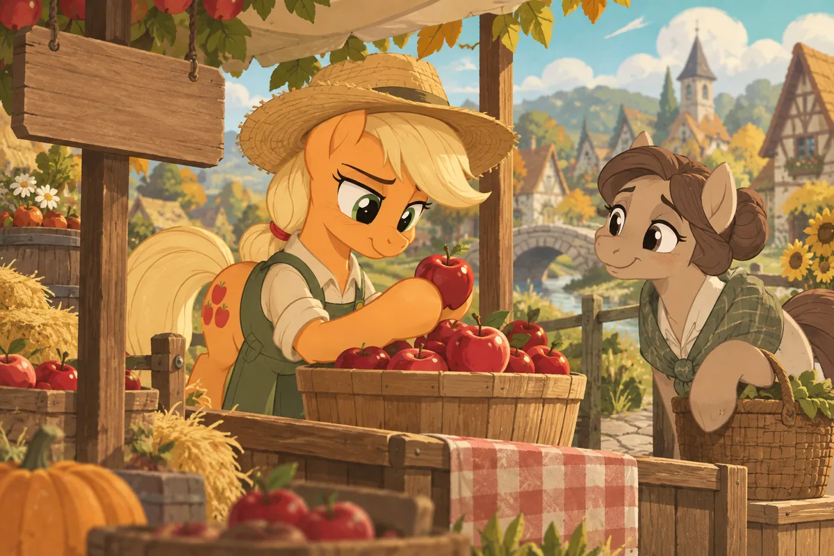 Original fan-editorial illustration of Applejack checking apples for a neighbor at a village harvest stand