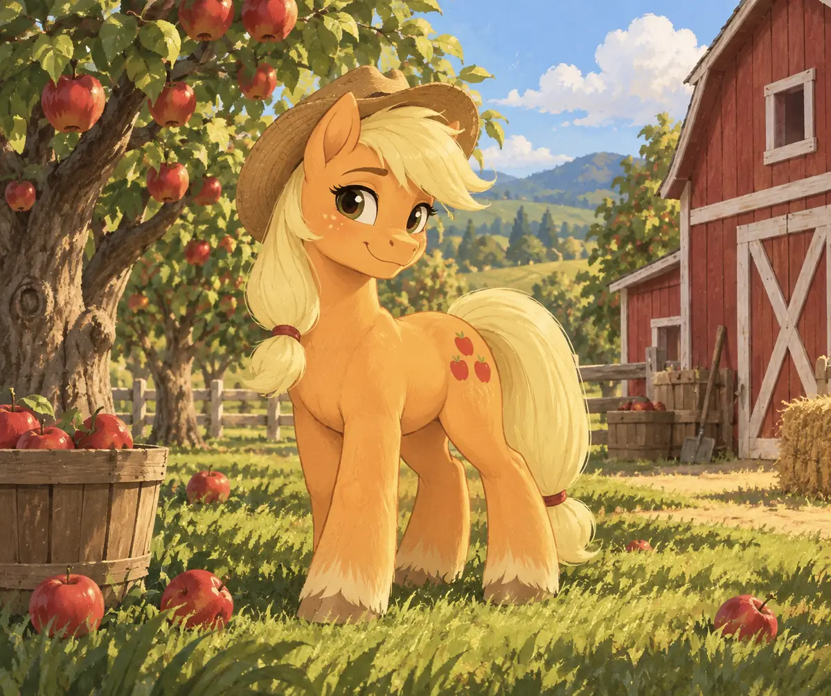 Original fan-editorial illustration of an orange earth pony farmer in a straw hat standing in a sunny apple orchard beside a red barn
