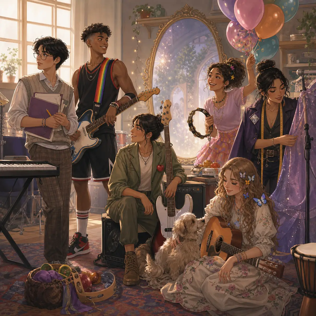 Original editorial illustration of a human-world student music ensemble with friendship motifs