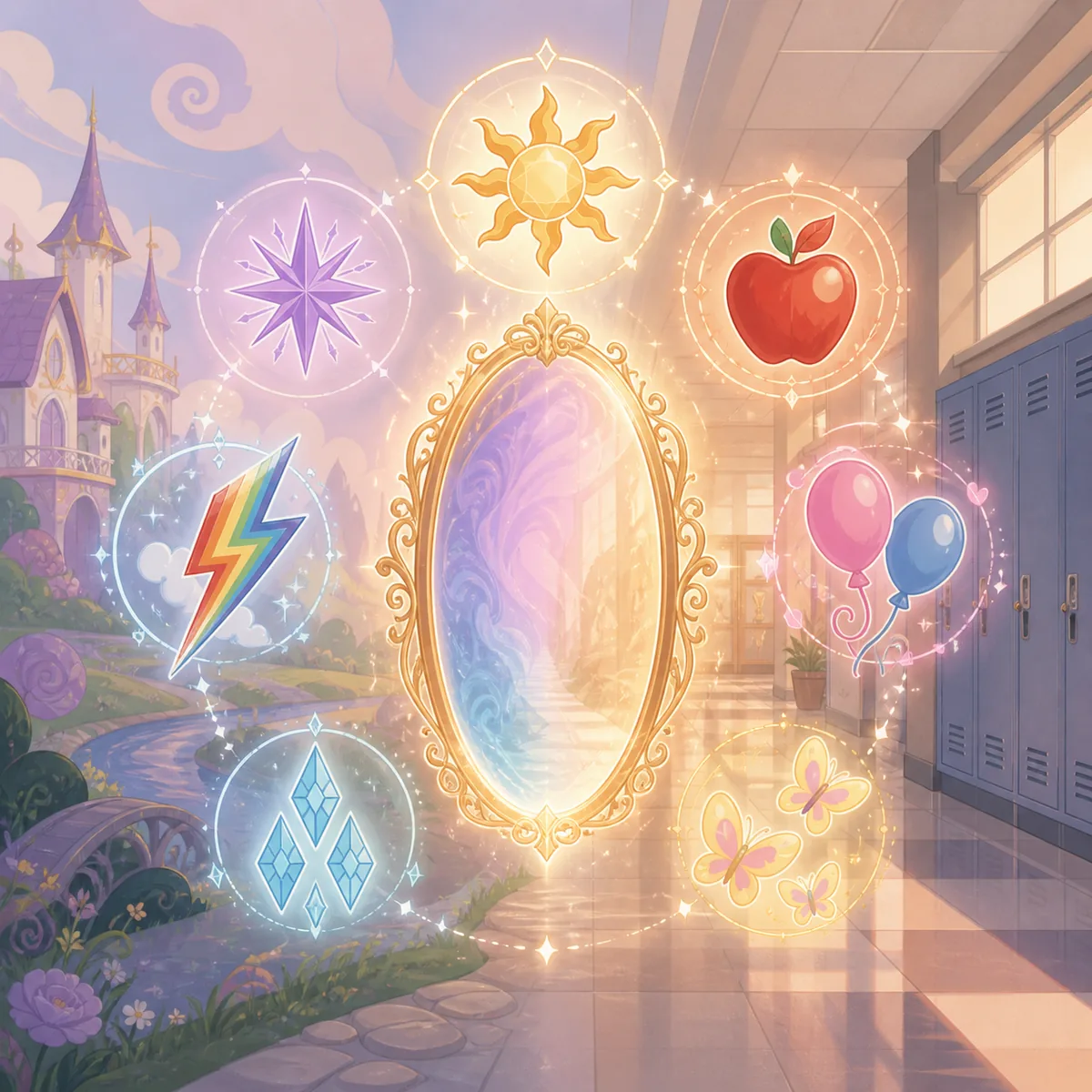Editorial illustration of a magical mirror connecting a pastel pony world with a human high-school hallway