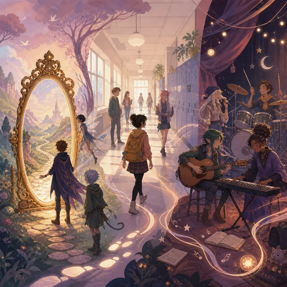Conceptual editorial scene showing a magical mirror, a school hallway, and a friendship music stage