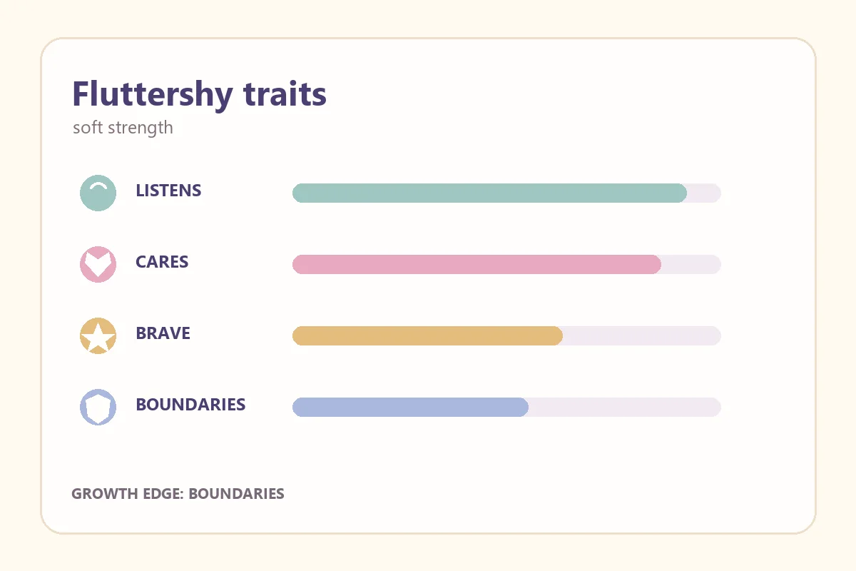 Editorial trait chart showing Fluttershy's listening, caring, bravery, and boundary-building strengths