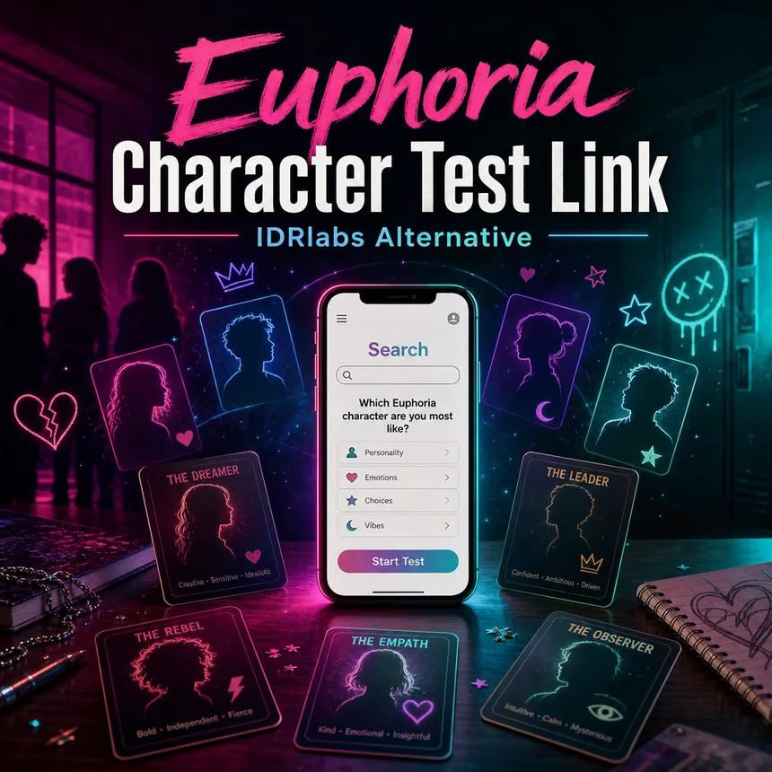 Neon phone search page showing Euphoria character test link and IDRlabs alternative quiz cards