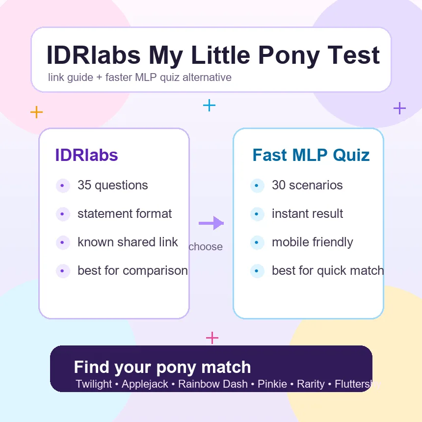 Search guide graphic comparing the IDRlabs My Little Pony test link with a faster MLP quiz alternative