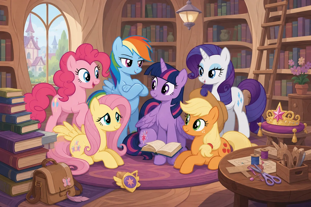 Editorial illustration of six pastel fantasy ponies studying story clues in a Ponyville library