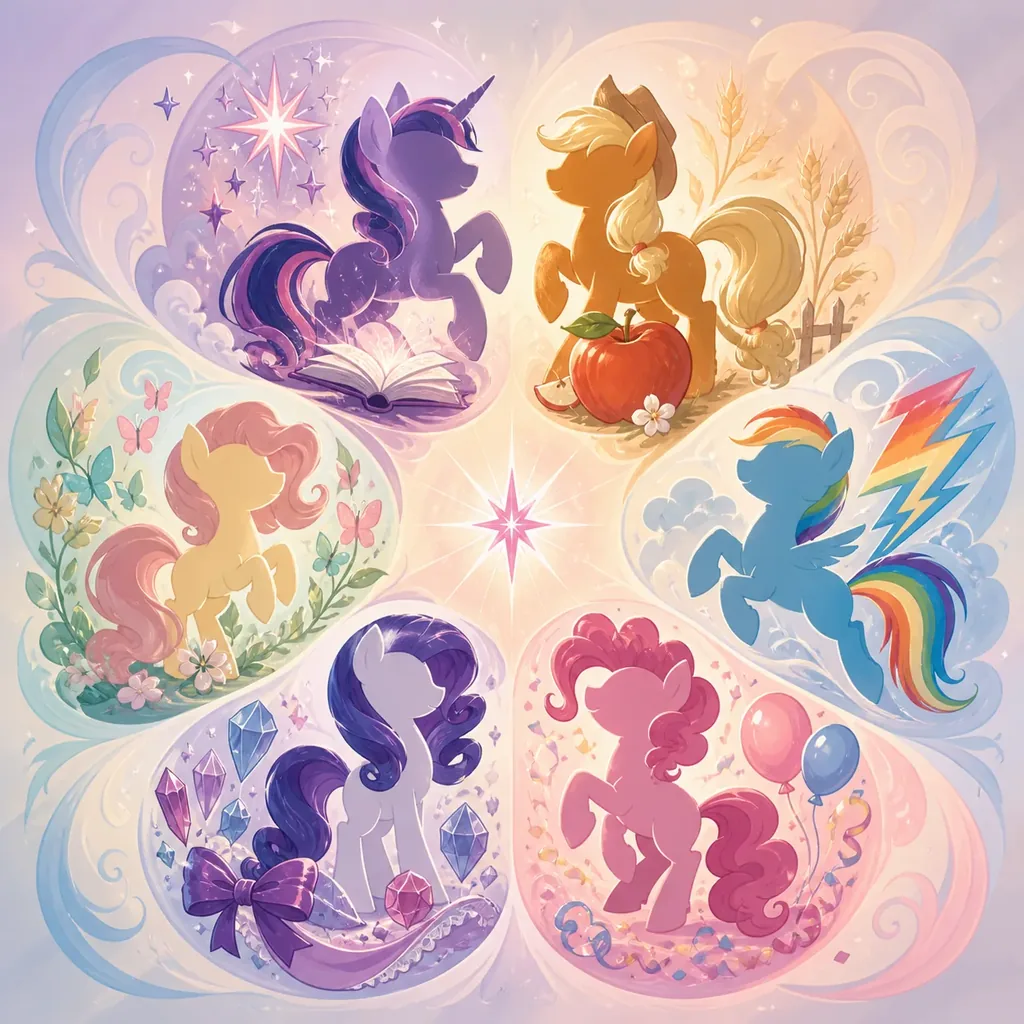 Editorial illustration of six generic pony-inspired silhouettes paired with visual motifs for the Elements of Harmony