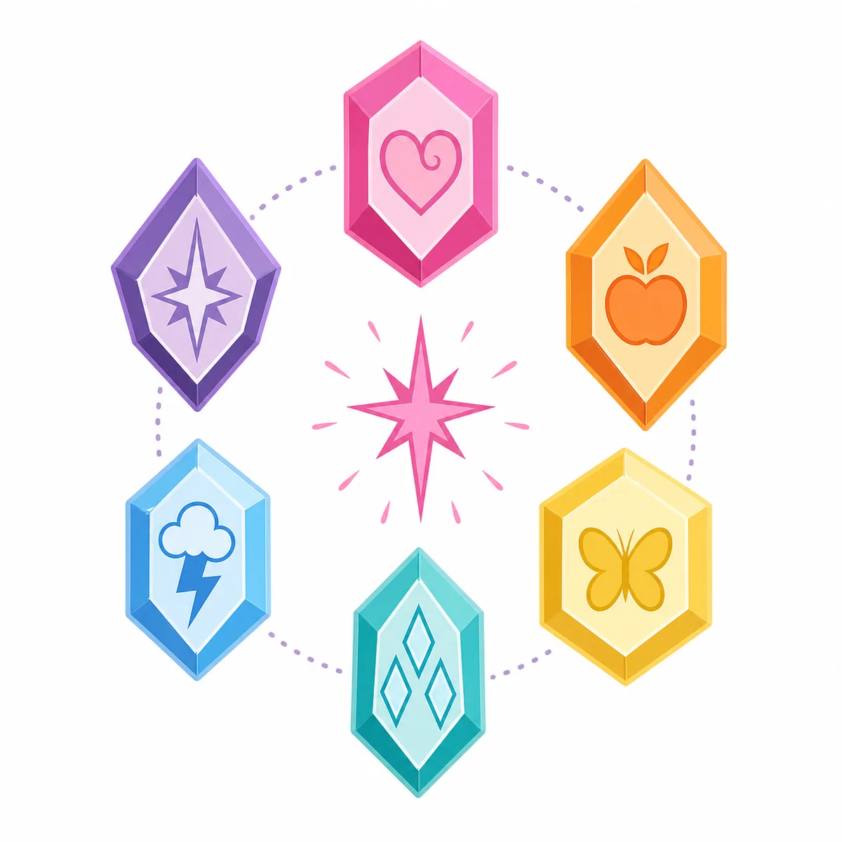 Editorial graphic showing six harmony gems around a friendship spark for the MLP Elements of Harmony