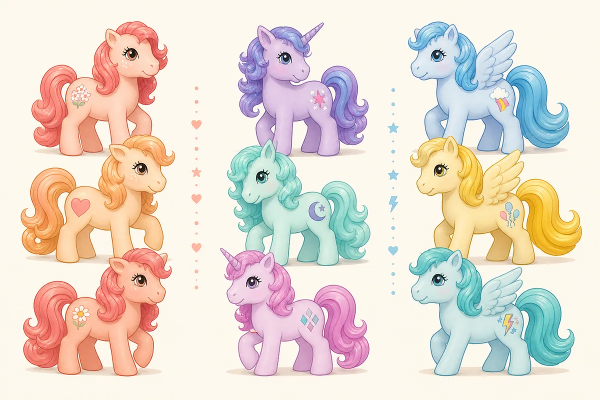Non-official editorial illustration grouping generic pony-inspired figures by Earth Pony, Unicorn, and Pegasus traits