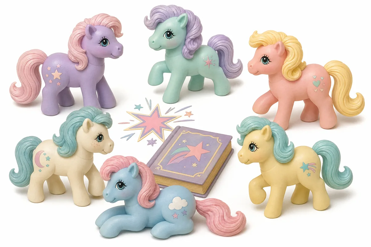 Non-official editorial illustration of six pastel pony-inspired figures around a vintage storybook