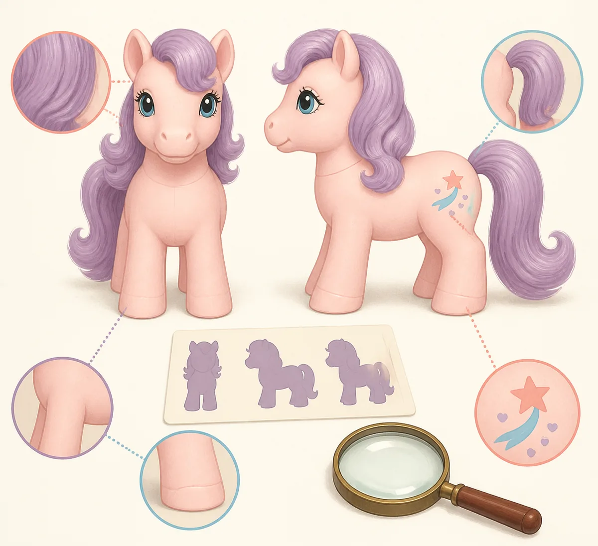 Non-official editorial illustration showing front and side views, mane, hoof, silhouette, and flank-symbol clues for identifying a vintage pony