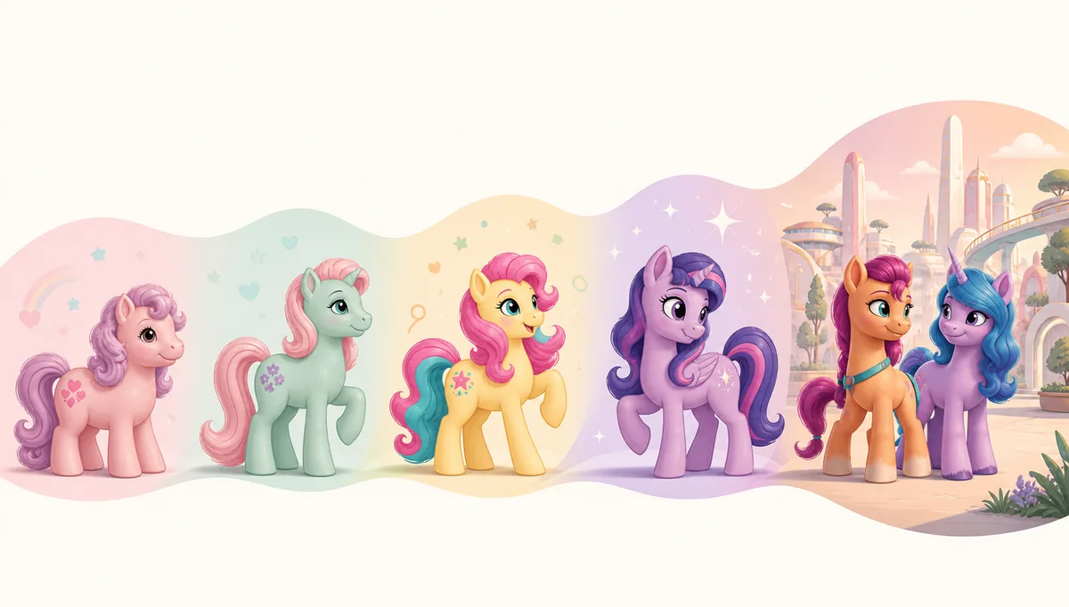 Non-official editorial illustration showing five pony-inspired eras progressing from vintage to contemporary