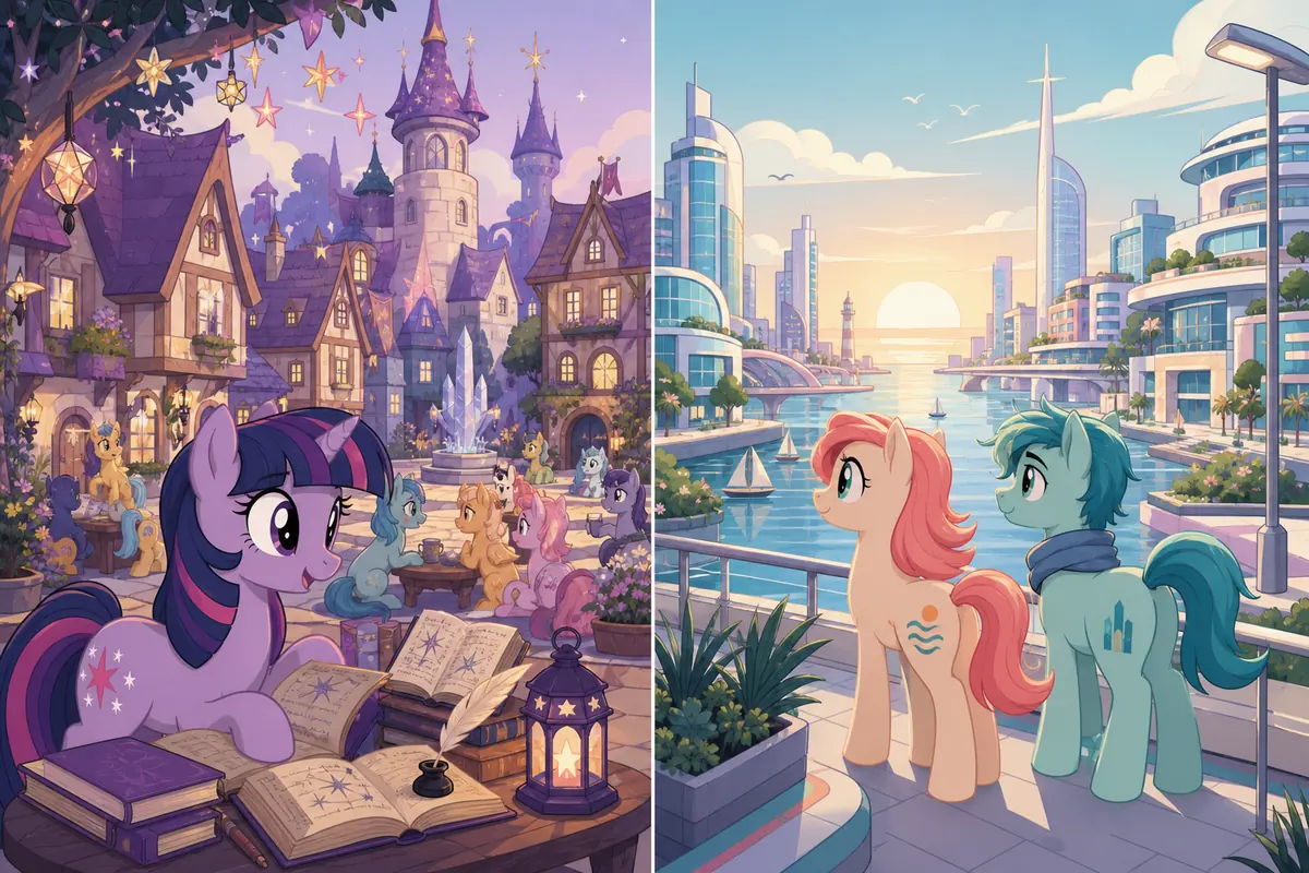 Non-official editorial comparison of a friendship-focused fantasy town and a contemporary coastal city with generic pony-inspired figures
