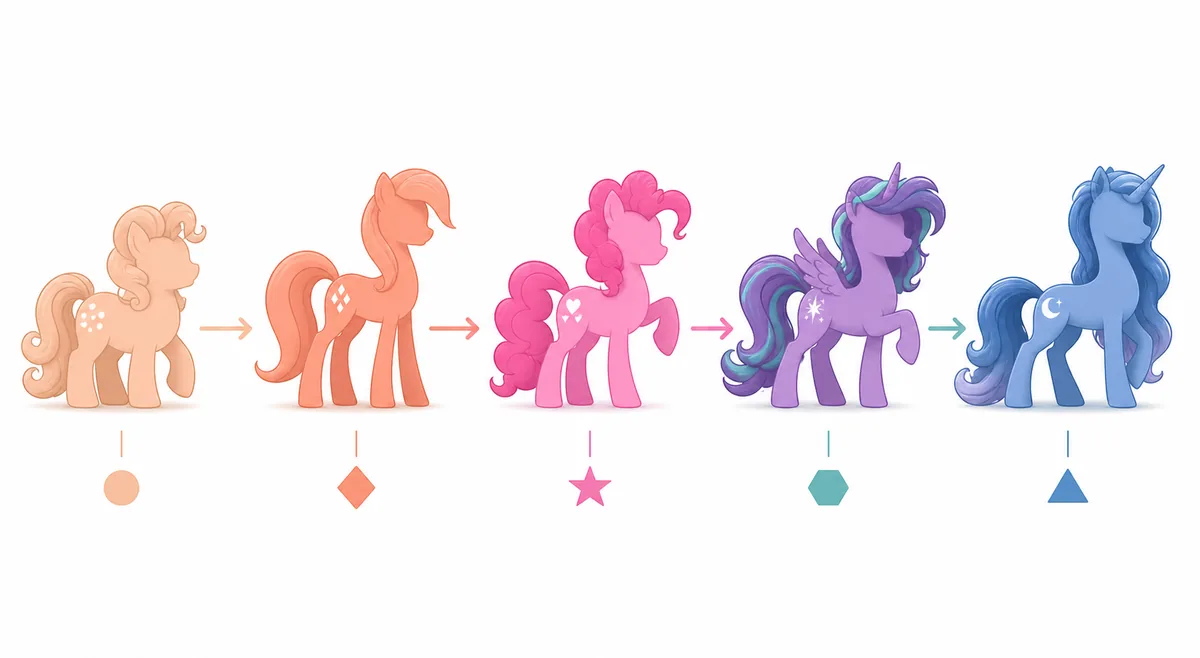Non-official editorial timeline with five generic pony-inspired silhouettes and distinct era markers
