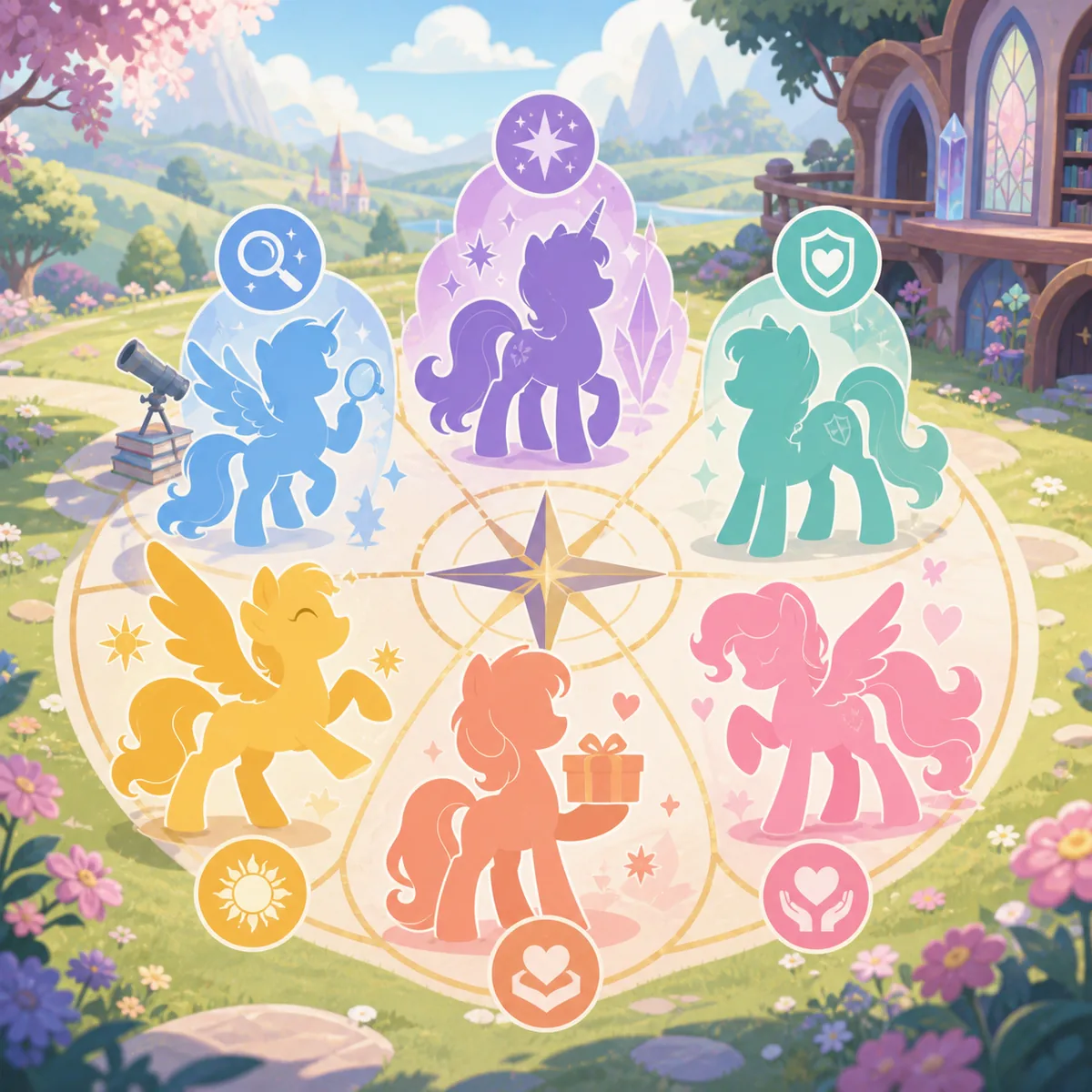Fan-made editorial illustration of six pastel pony silhouettes arranged around personality symbols in an Equestria meadow