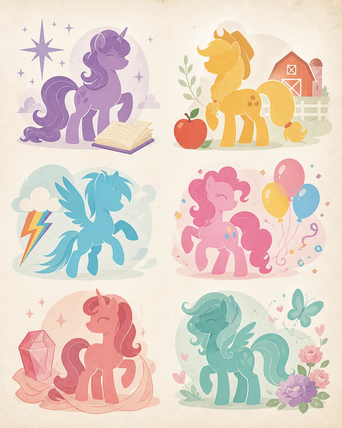 Fan-made comparison illustration of six pastel pony silhouettes with symbols for study, honesty, speed, celebration, creativity, and kindness