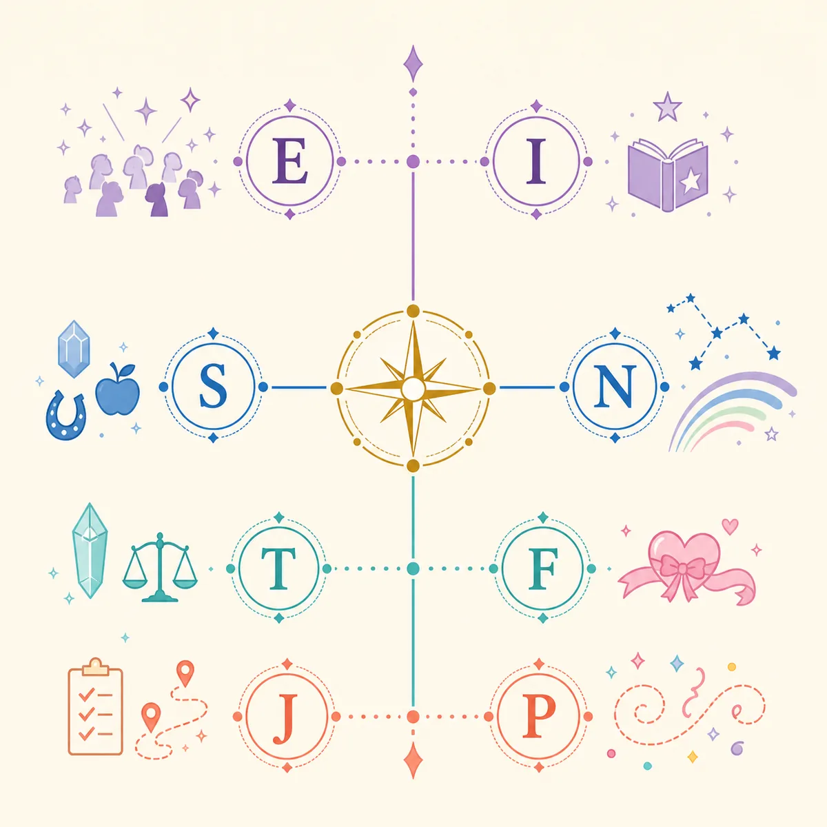 Fan-made editorial compass diagram showing the four MBTI preference pairs E I, S N, T F, and J P