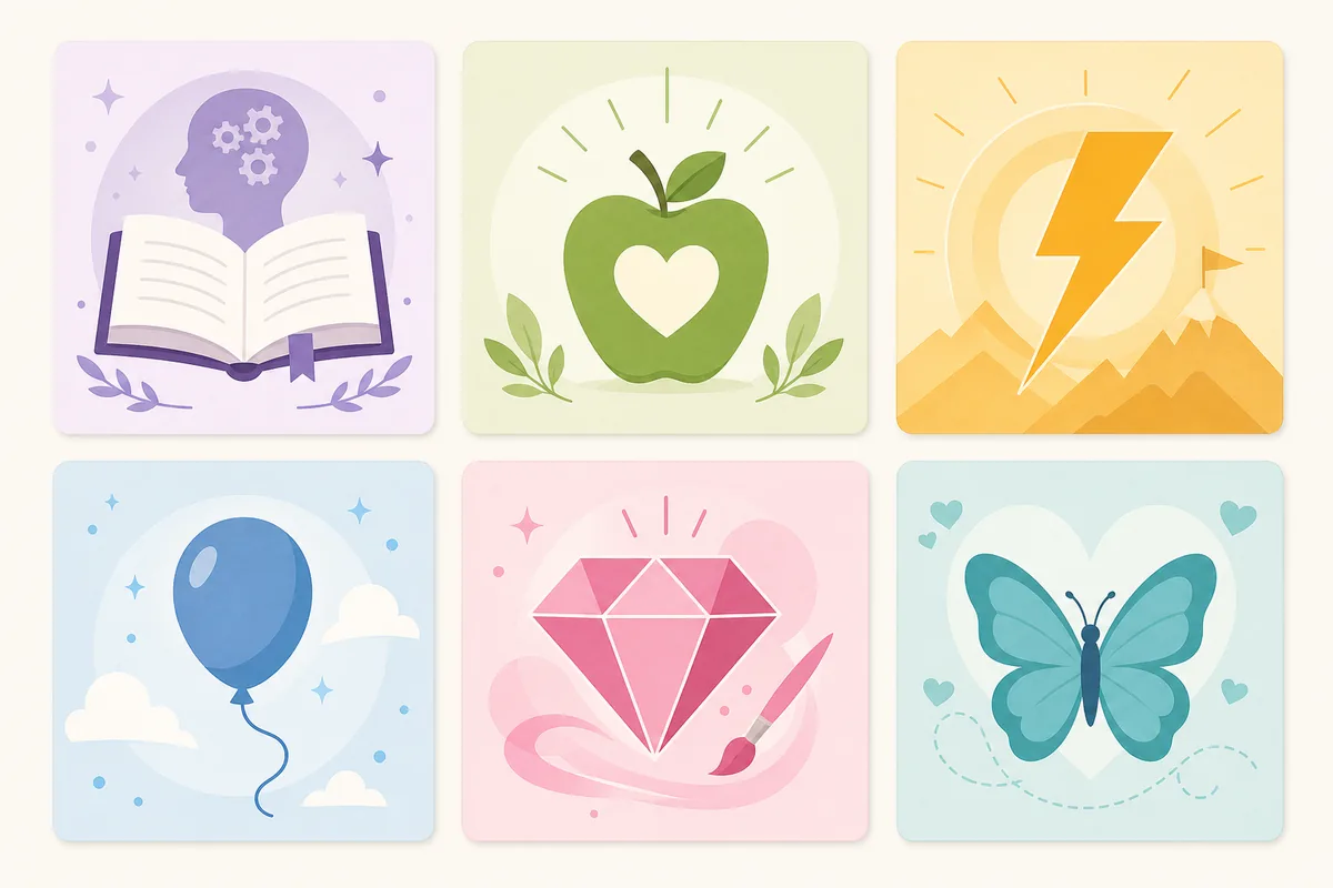 Six symbolic tiles comparing MLP personality type themes