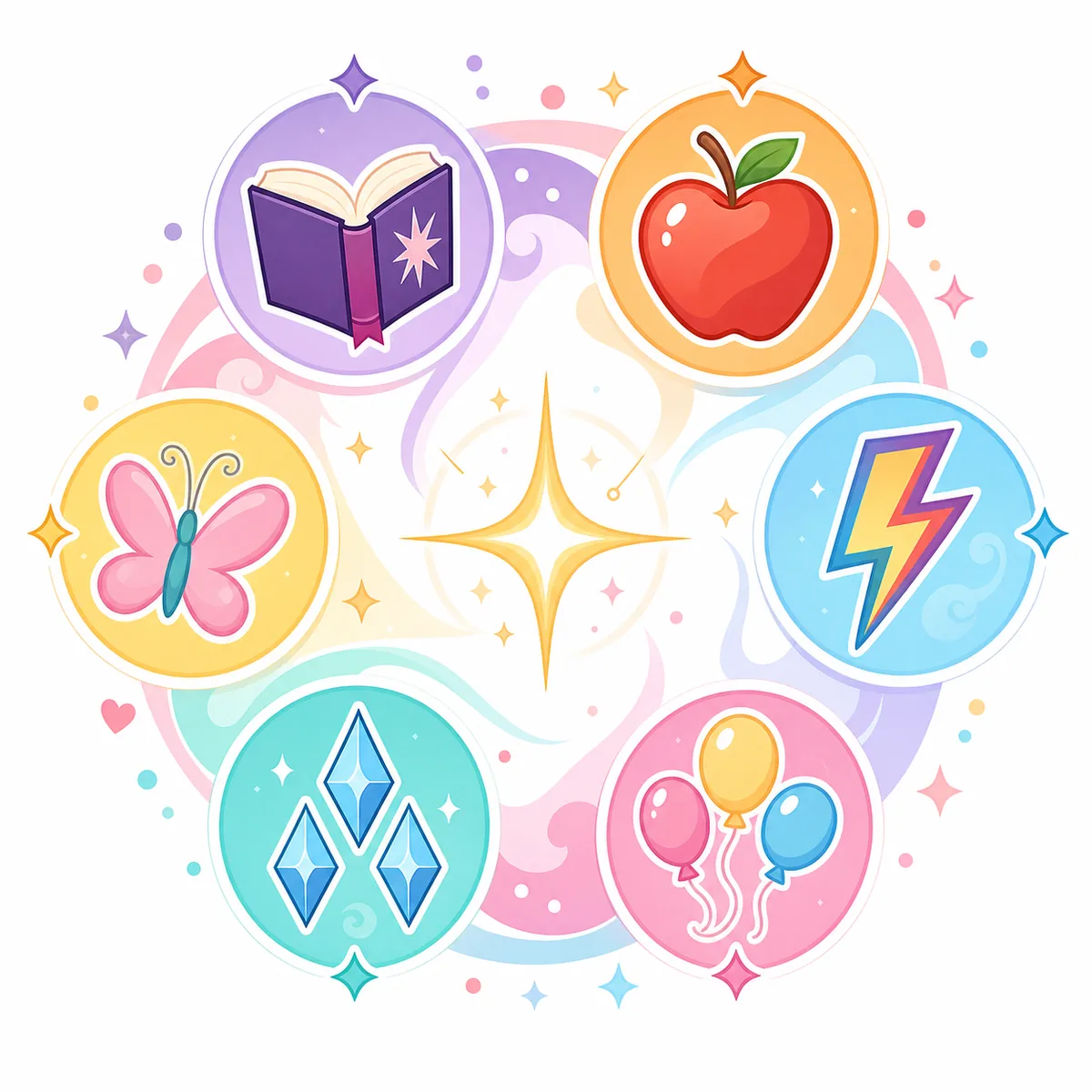 Editorial illustration of six pony-inspired personality symbols around a friendship sparkle