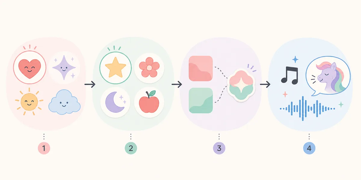 Editorial step flow for choosing a trait, symbol, word pair, and sound test for a pony name
