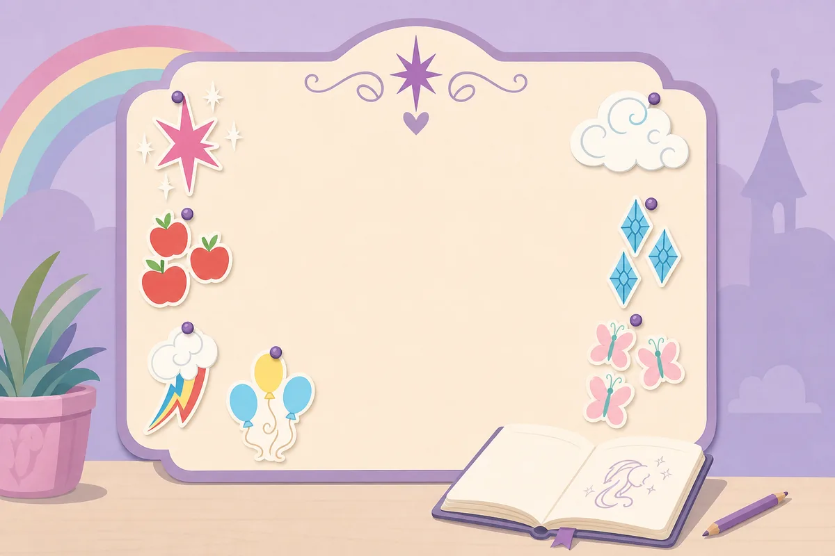 Editorial illustration of pony-inspired name symbols around an open notebook