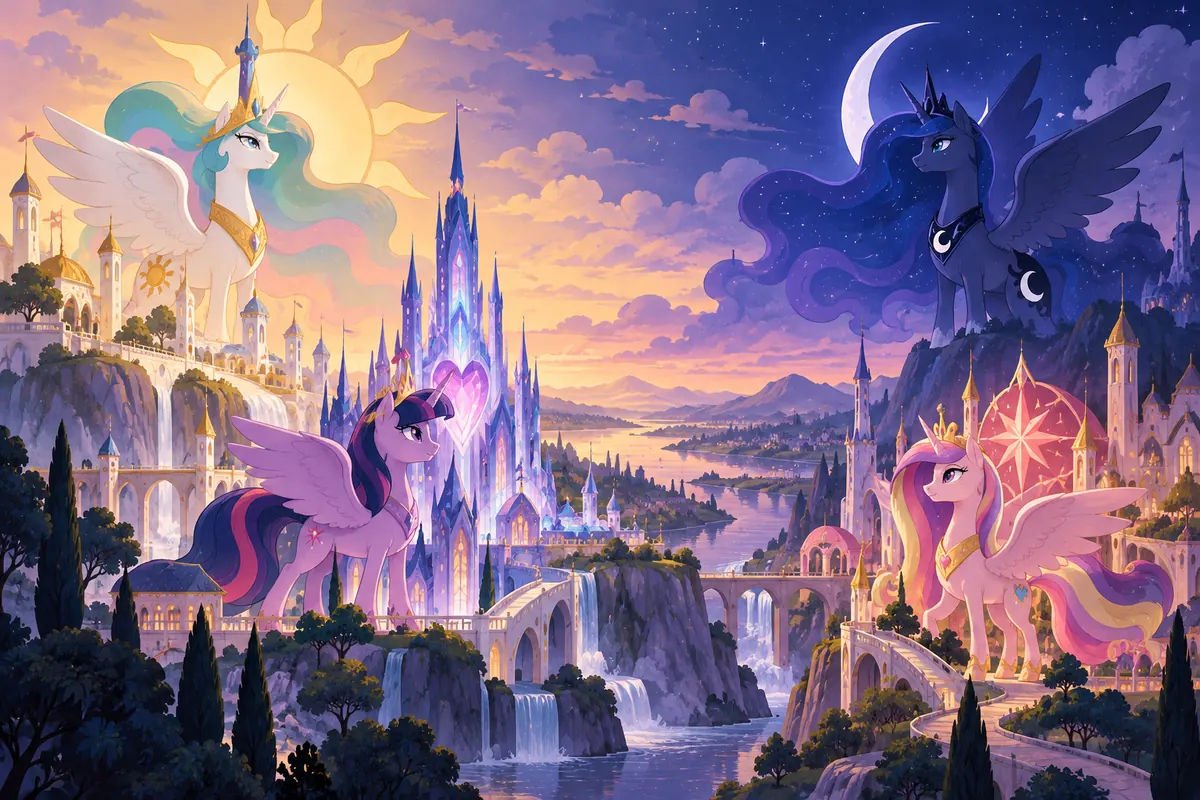 Editorial illustration of four alicorn princesses overlooking Equestrian castles at sunrise and moonrise