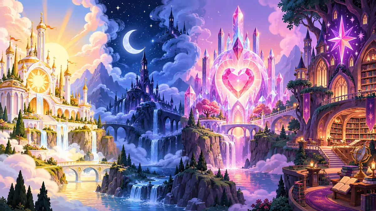 Editorial comparison of sun, moon, crystal heart, and friendship star motifs for MLP princess roles