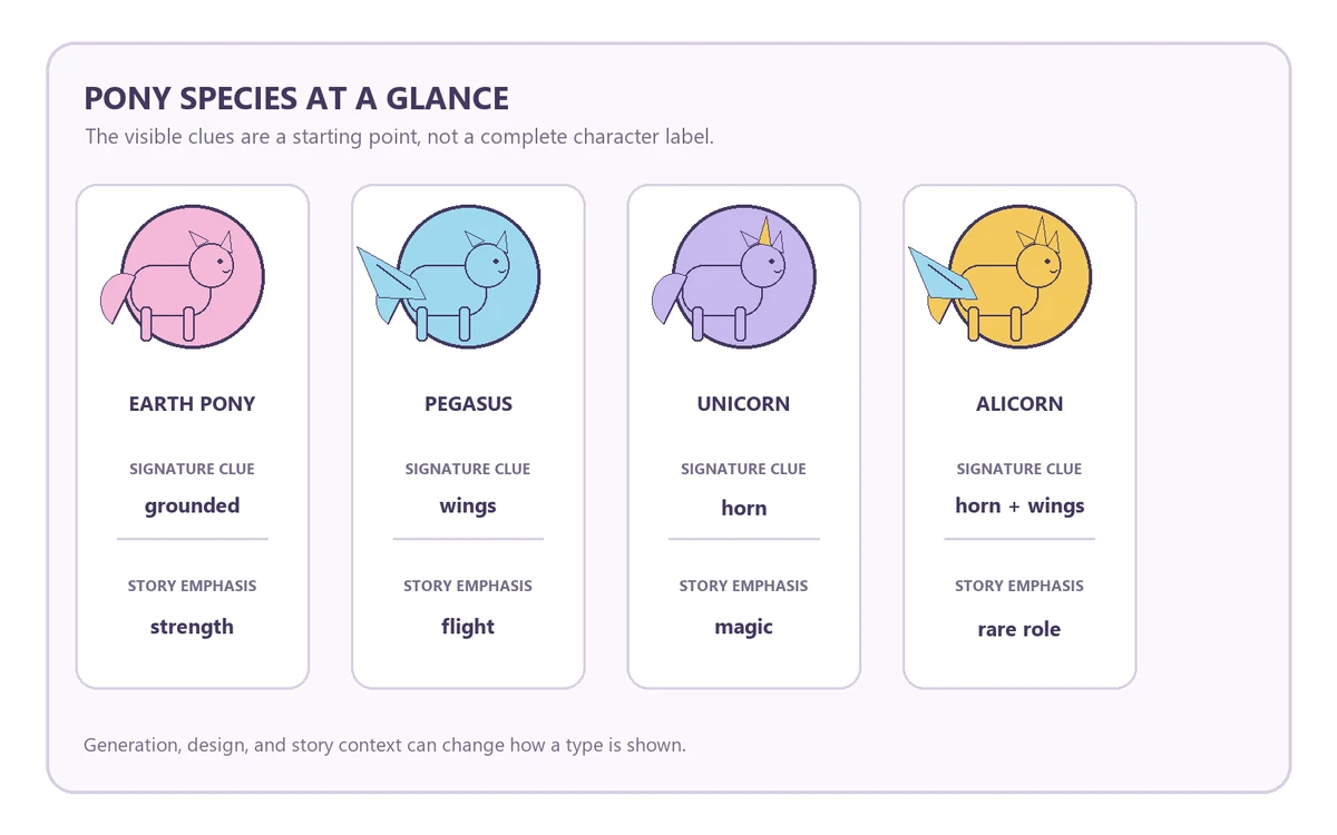 Editorial comparison graphic showing the signature clues and story emphasis of four common MLP pony types