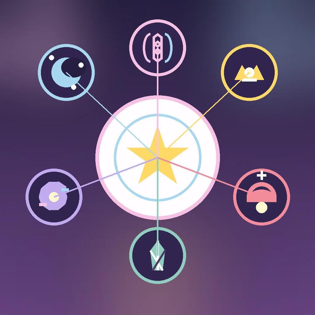 Non-official editorial illustration of six symbolic fantasy villain archetypes connected around a friendship star