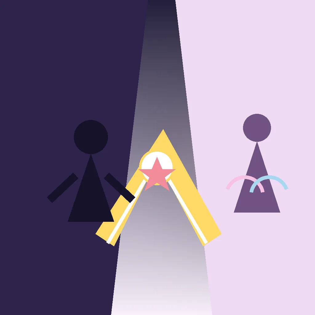 Non-official editorial illustration of a shadow figure crossing a bright friendship path toward a star